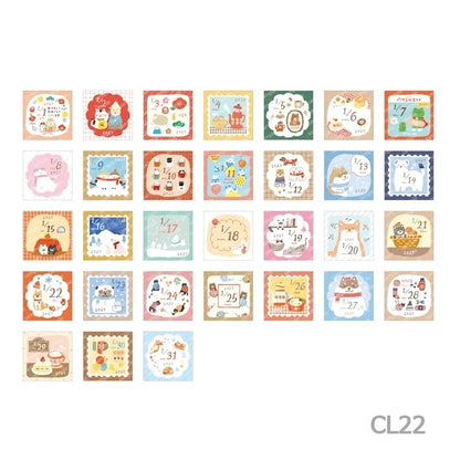 A set of 30 cute, pastel-colored square calendar or advent-style calendar
