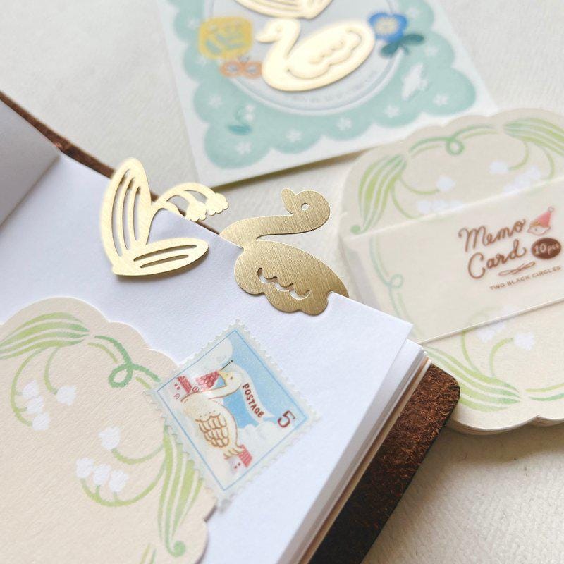 Two-way Brass Bookmark / Charm Set 'Swan & Lily of the Valley' by Two Black Circles (Rare)