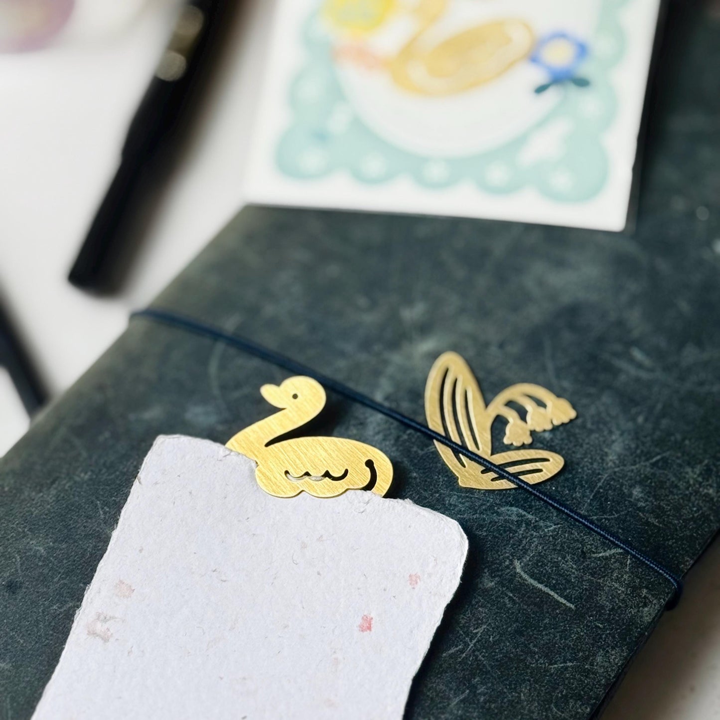 Two-way Brass Bookmark / Charm Set 'Swan & Lily of the Valley' by Two Black Circles (Rare)