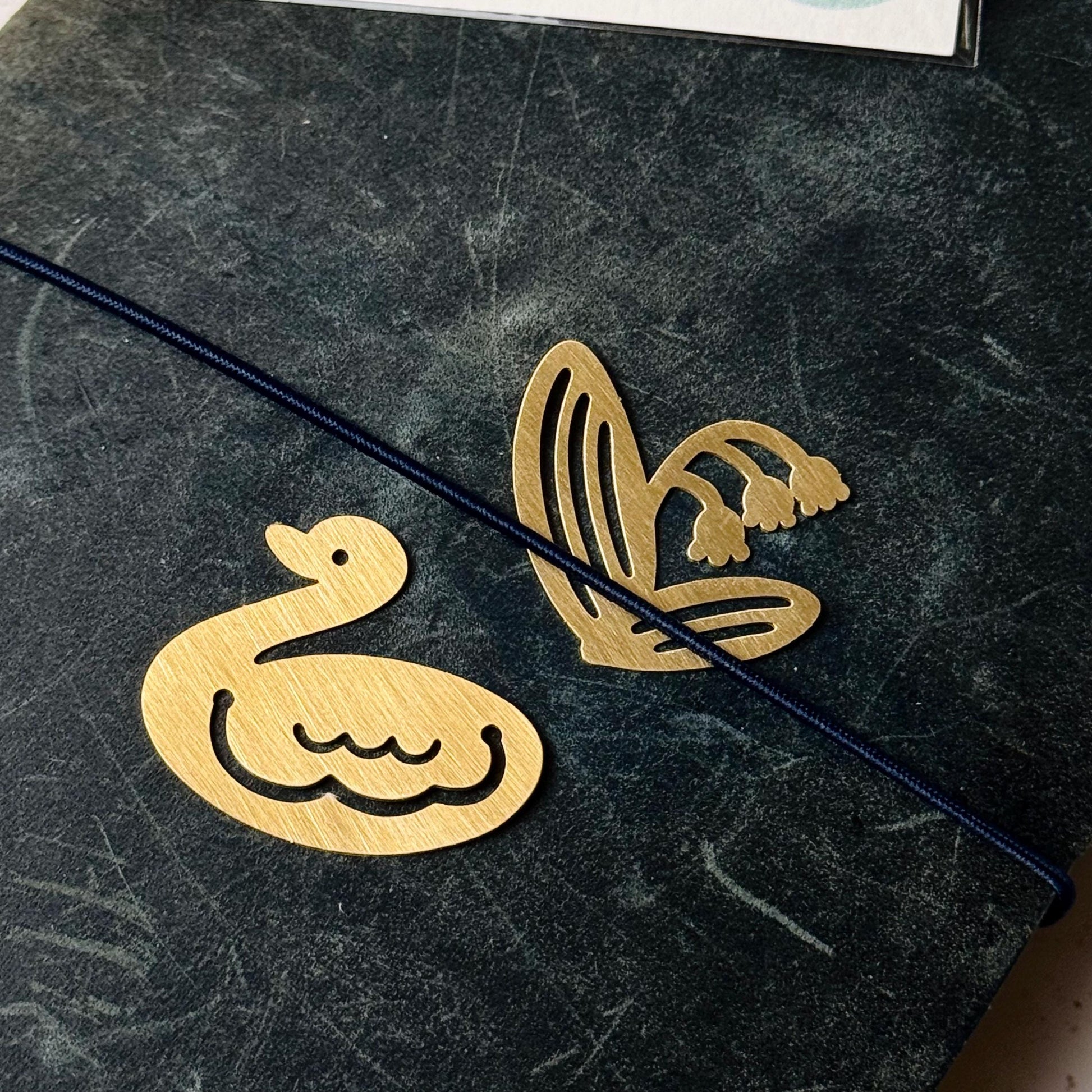 Two-way Brass Bookmark / Charm Set 'Swan & Lily of the Valley' by Two Black Circles (Rare)