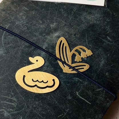 Two-way Brass Bookmark / Charm Set 'Swan & Lily of the Valley' by Two Black Circles (Rare)